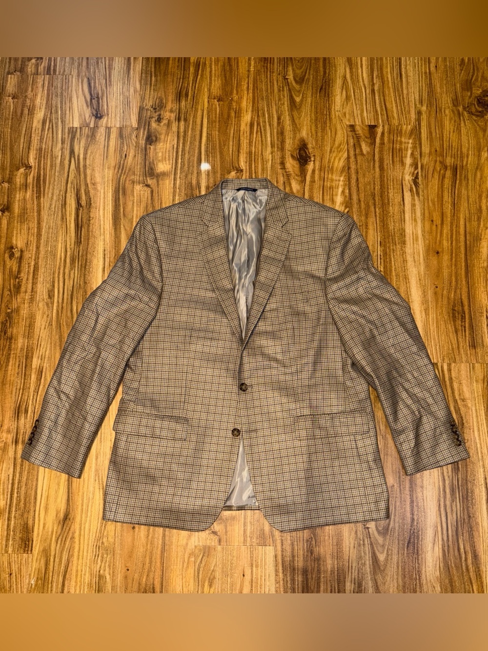 Ralph Lauren mens blazer jacket 44 R Brown tan Plaid Sport Coat silk wool dressy